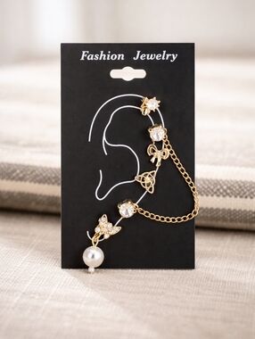 Fashion Jewelry NWT Gold Crystal & Pearl Ear Cuff Chain Earring Set